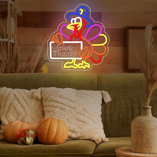 Thanksgiving Neon Sign Give Thanks Turkey Dimmable Wall Decor for Holiday Festivities