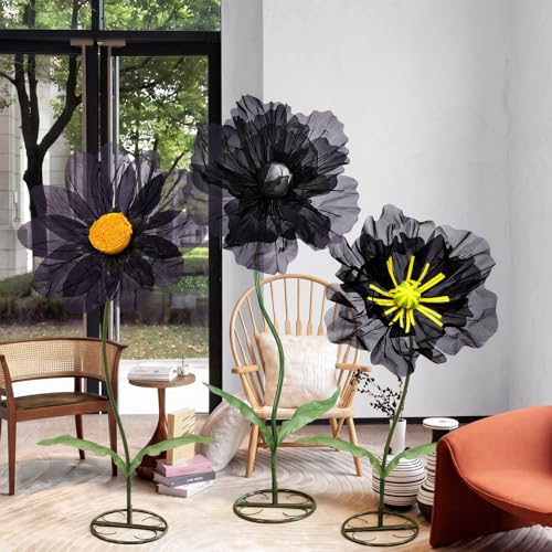Halloween Black Giant Artificial Flowers Set of 3 - Mesh Floral Decorations
