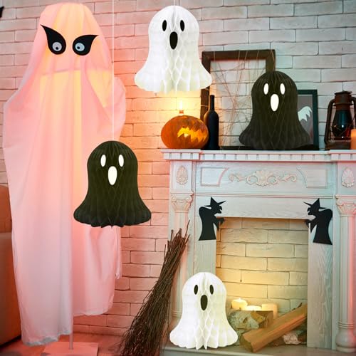 Halloween Ghost Decorations - 10 Black and White Honeycomb Hanging Decor
