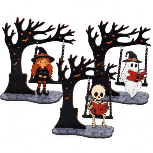 Wooden Halloween Tabletop Decorations Set with Swinging Motions - 3 Pieces