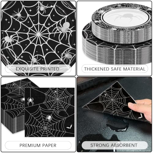Halloween Paper Plates and Napkins Set - Serves 60 Guests, Spider Web Design