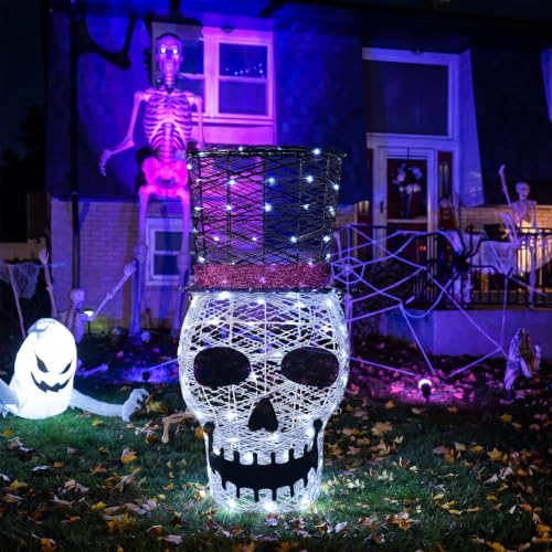 Rattan Skull Lighted Outdoor Halloween Decoration - 36" Haunted LED Skull with Top Hat