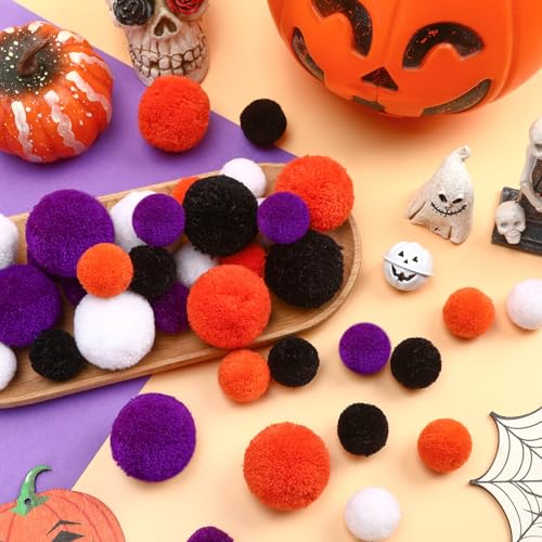 Halloween Yarn Pom Poms Set - Large & Small 60Pcs in Black Orange Purple White