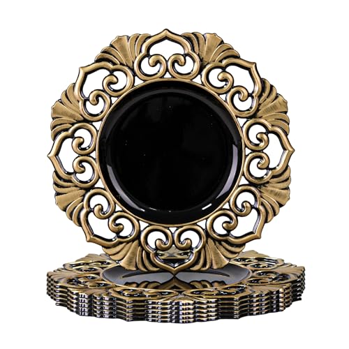 Antique Black Spiral Octagonal Charger Plates Set of 6 - 13 Inch Plastic Dinnerware