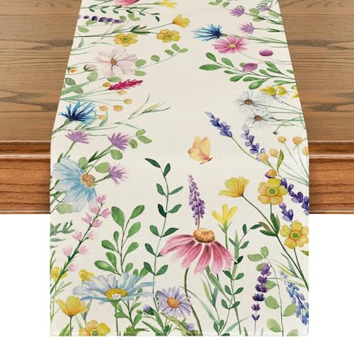 13x90 Inch Floral Table Runner Beige Eucalyptus Lavender Summer Dining Decor