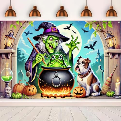 Halloween Haunted House Banner - Dog & Frog Scene, 71x43 in - Halloween Decor with Variation Halloween Decor#004