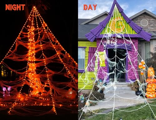 Halloween Spider Web Lights with Spider & Cobweb - Orange - 250LED Outdoor Decoration