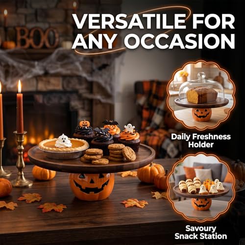 Halloween Pumpkin Cake Stand with Acacia Wood Tray and Ceramic Jack-o'-Lantern Base - Brown, 10.2 Inch