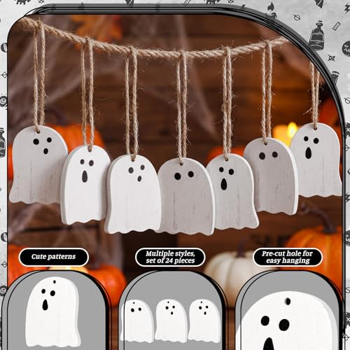 Halloween Ghost Tree Ornaments Set - White Wooden Ghost Decorations, 24 pcs, Farmhouse Holiday Decor