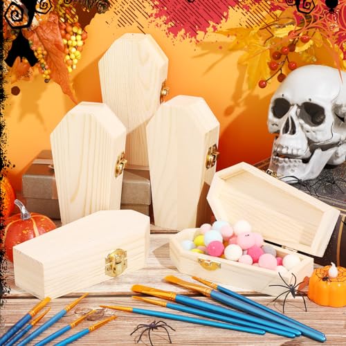 Unfinished Wooden Coffin Boxes with Art Brushes - DIY Jewelry & Craft Storage Set