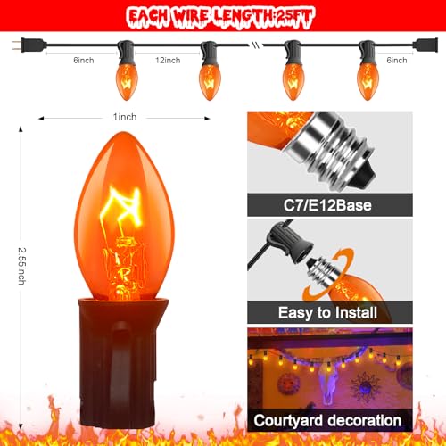 Orange String Lights - 25Ft C7 Outdoor Halloween Decor with 27 Bulbs - Black Wire, Waterproof