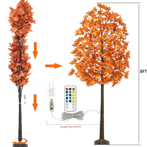 8ft Prelit Fall Maple Tree with 210 LEDs, Dimmable 8 Flash Modes, Autumn Decor