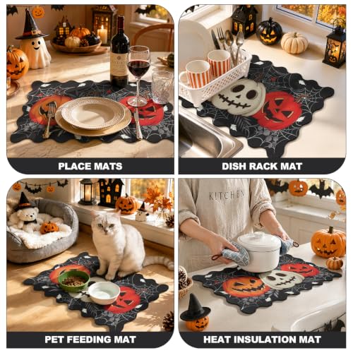 Scalloped Halloween Dish Drying Mat - Spooky Pumpkin Black, 12x20 Inches - Halloween Scary Pumpkin