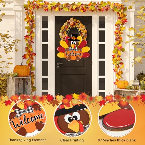 Thanksgiving Wooden Turkey Wreath with Black Bow - Large Fall Door Decoration