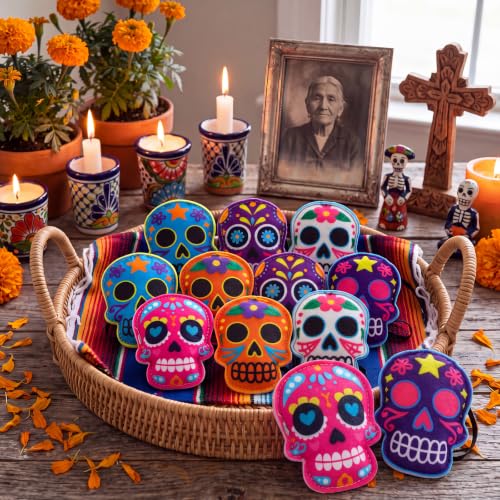 12 Pack Felt Dia De Los Muertos Skull Ornaments for Tree Decoration