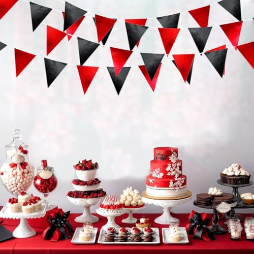 Red Black Glitter Fabric Bunting Banner Triangle Flags for Party Decorations - 39ft