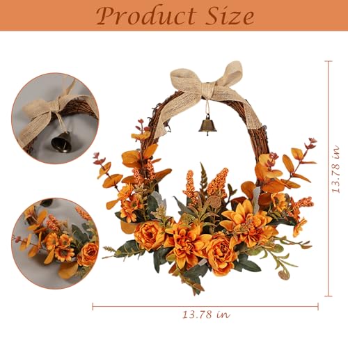 Artificial Fall Wreath with Orange Flowers, Bell & Bow for Front Door - Autumn Decor, Variation: Orange