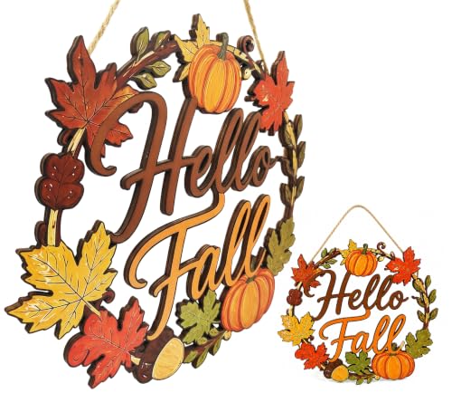 Wooden Hello Fall Door Sign - Rustic Autumn Wreath Wall Hanging - Single-Sided