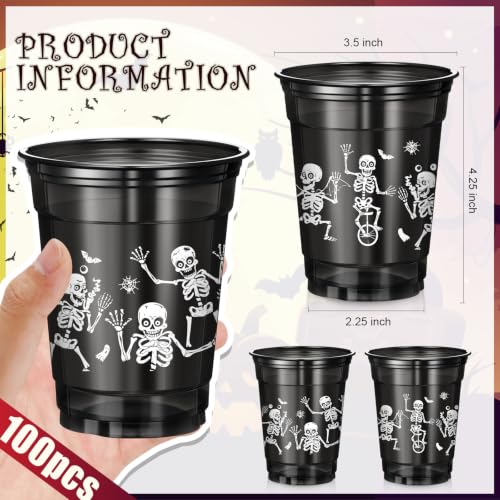 Halloween Skeleton Plastic Cups - 100 Pcs 12 oz Disposable Black Skeleton Variations