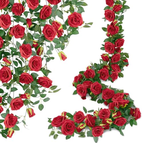 Artificial Red Rose Garlands Set of 5 - 32.5 ft, Realistic Flower Vines for Decor