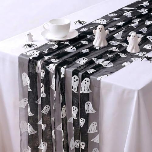 Halloween Ghost Table Runner 29x120 Inches Black Tulle Decor - Variation of Ghost / 29x120-1 pc