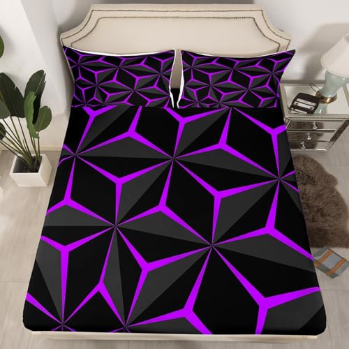 Neon Honeycomb Sheet Set King Size - Geometric 3D Purple Bedding for Teens & Adults - Multi 107