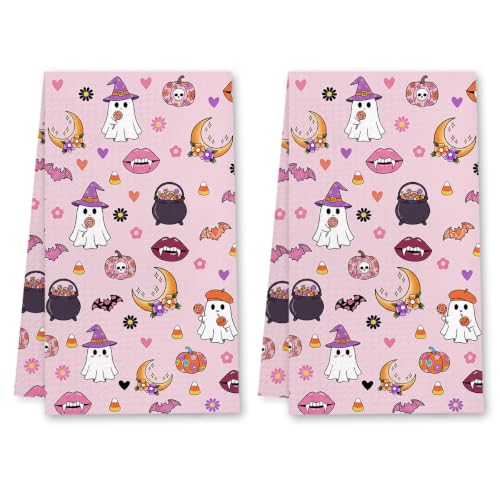 Halloween Kitchen Towels Set - Retro Ghost Pink Dish Hand Towels - Towel17 Variation