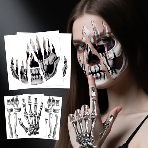Halloween Face Tattoos Set - Waterproof Skeleton Zombie & Clown Designs for Costume Makeup