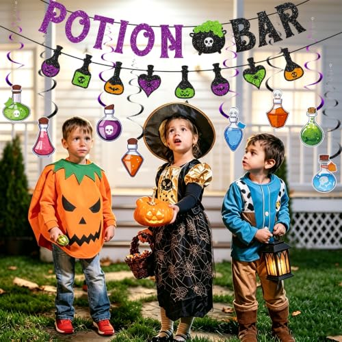 Halloween Potion Bar Banner with Glitter Swirls and Bats - Haunted House Party Decor