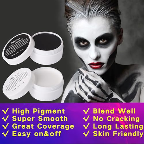 Halloween Face Paint Kit with Black and White Face Paint, Setting Powder & Sponge - Unisex SFX Makeup