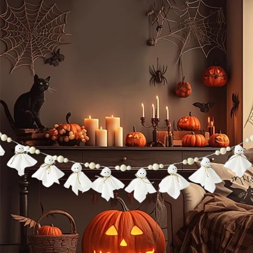 7Ft Halloween Ghost Garland with Wooden Beads - Rustic White Wall Decor