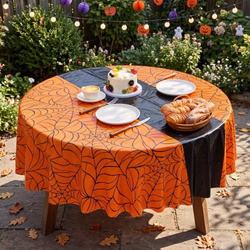 Preboun 6 Pcs Orange & Black Spider Web Round Tablecloth 84" - Halloween Party Decor