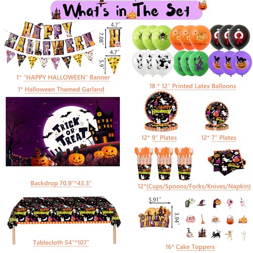 Halloween Party Decorations Set with Bat Cat Pumpkin Backdrop Banner Balloons & Tableware - All Saints Day