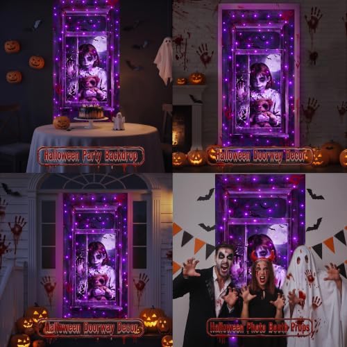 Purple Halloween Door Cover with Lights 37x81 Inch - 8 Modes, Weatherproof, Timer