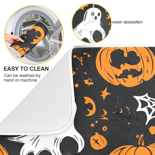 Halloween Ghost & Pumpkins Dish Drying Mat - Microfiber Absorbent Kitchen Counter Protector - 16x18in