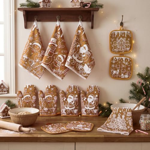 Gingerbread Christmas Kitchen Accessories Set - 12 Pcs with Towels, Oven Mitts & Pot Holders - Holiday Decor