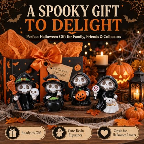 Halloween Skeleton Figurines Set of 4 - Black Mini Spooky Decor for Table, Shelf & Mantel