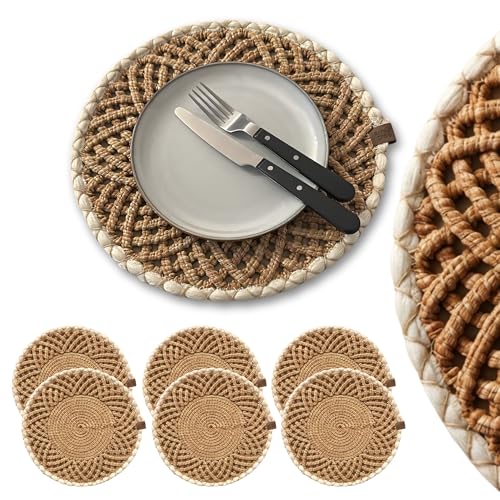 White & Natural 13-Inch Round Braided Placemats Set of 6 Handmade Table Mats