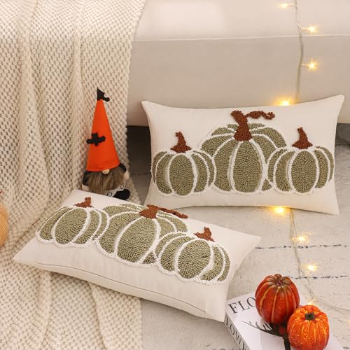 Halloween Fall Pillow Covers 12x20 Green Pumpkin Set of 2 - Autumn Decor