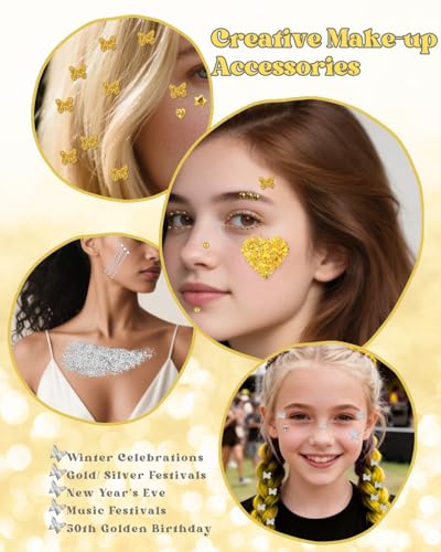 Gold and Silver Face Gems & Body Glitter Set with Adhesive Stickers for Party Makeup - Variation of THIS listing