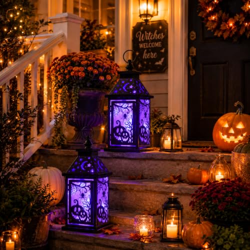 Halloween Lantern Set of 2 Indoor & Outdoor Spider & Pumpkin Candle Holders with LED Lights - 14.7 Inch, 8 Modes
