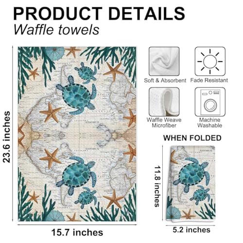 2 Pack Coastal Sea Turtle Hand Towels - Beach Ocean Nautical Kitchen & Bathroom Decor