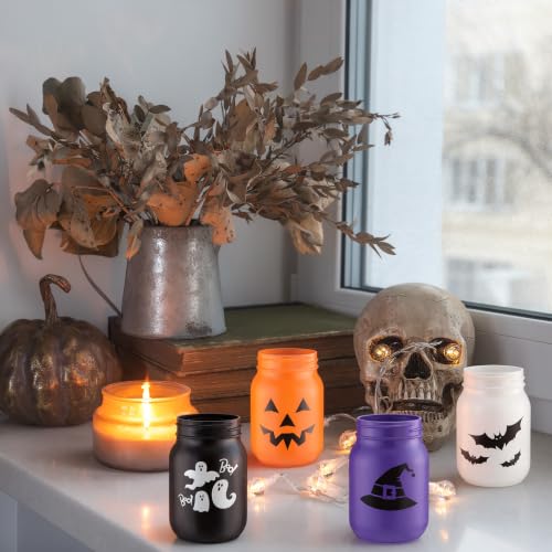 Halloween Mason Jar Centerpieces Set of 4 with Fake Leaves - Spooky Table Decor