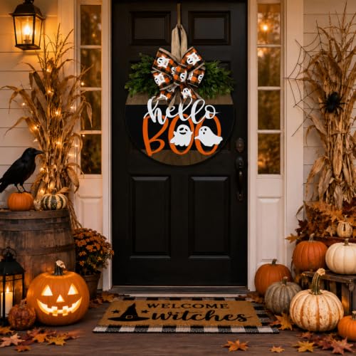 Halloween Wreaths for Front Door Cute Ghost Sign Decoration - Hello Boo Variation