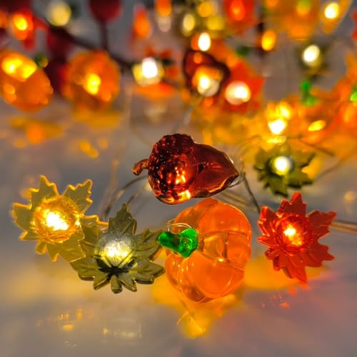 Autumn Thanksgiving Fairy String Lights 16.7Ft 50 LED 3D Pumpkin & Leaf Decor
