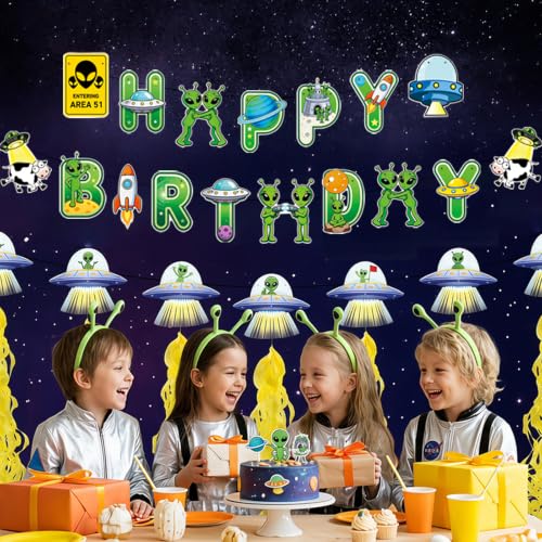 Alien Birthday Party Banner with Hanging Swirls - Space Themed Decorations