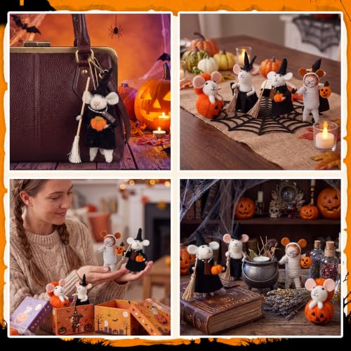 Halloween Felt Mouse Ornaments Set - Wool Handmade Decor with Pumpkin & Witch Details - 4 Pieces