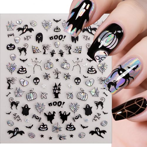 Halloween Nail Stickers Set - 6 Sheets Holographic Gothic Ghost Skull Spider Web Decor for DIY Manicure - Black & White