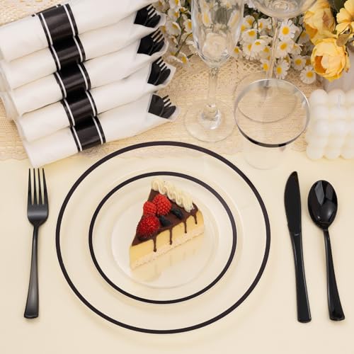 Black and Clear Disposable Plastic Plate Set for 25 Guests - 175 Pieces
