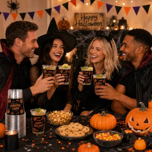 Halloween Plastic Cups Set 14 oz - Orange & Black 72 Pack for Parties